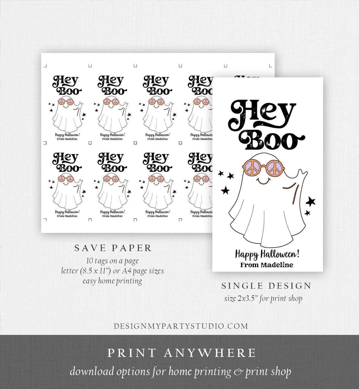 Editable Retro Halloween Favor Tags Hey Boo Gift Tags Costume Party Trick Or Treat School Classroom Digital Download Template Printable 0261