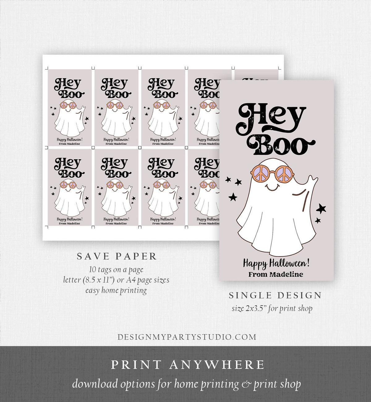 Editable Retro Halloween Favor Tags Hey Boo Gift Tags Costume Party Trick Or Treat Favor School Classroom Digital Template Printable 0261