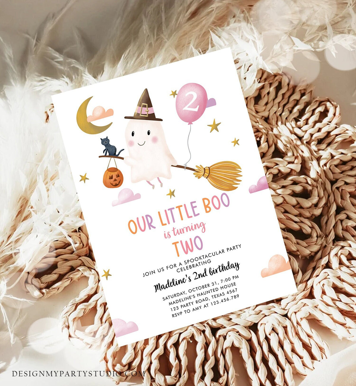 Editable Halloween 2nd Birthday Invitation Pink Ghost Costume Party Girl Pink Boo Spooktacular Spooky Download Template Printable 0479 0009