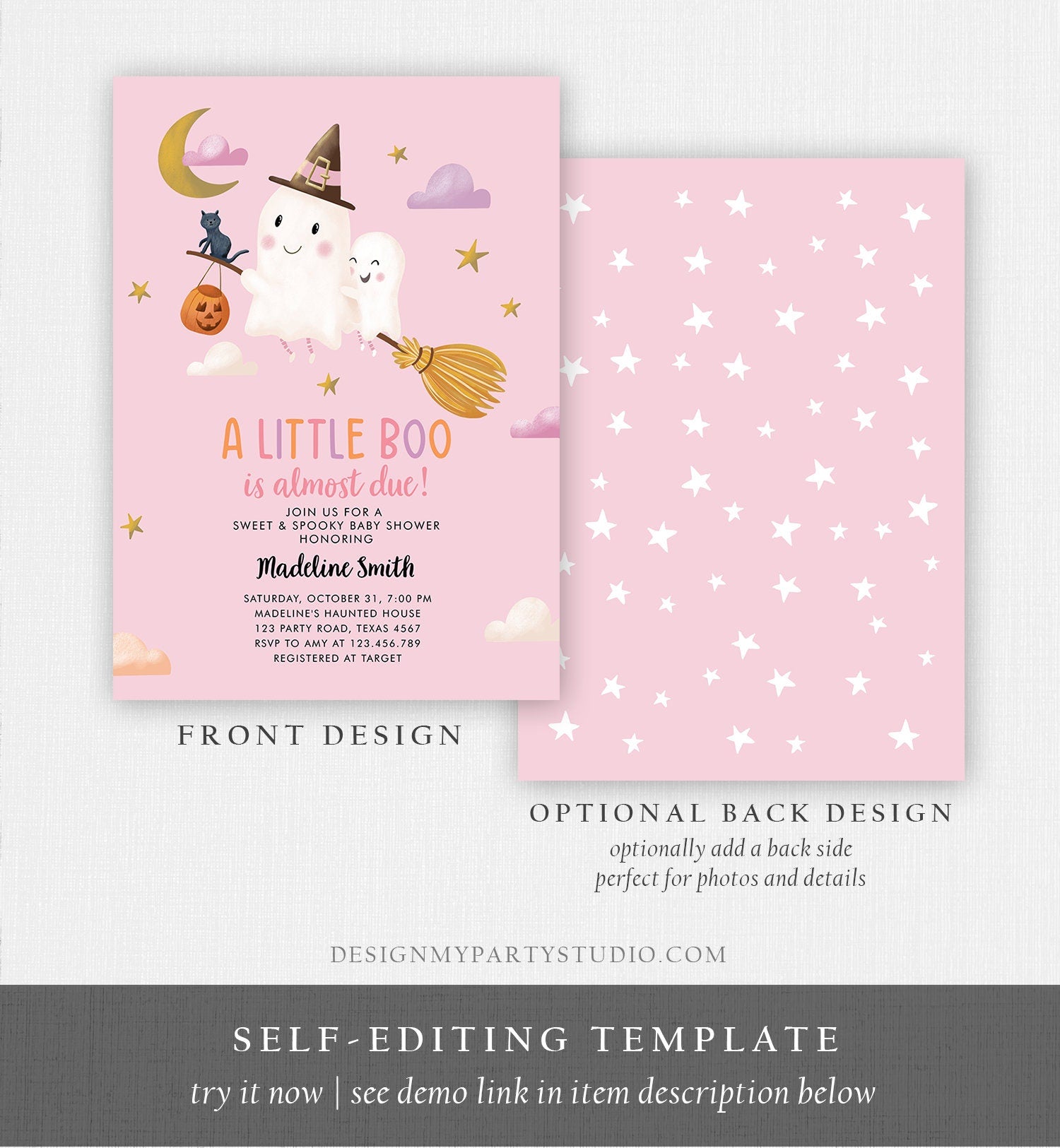 Editable Little Boo Baby Shower Invitation Cute Halloween Baby Boo Almost Due Couples Shower Pink Ghost Girl Template Printable 0479 0009