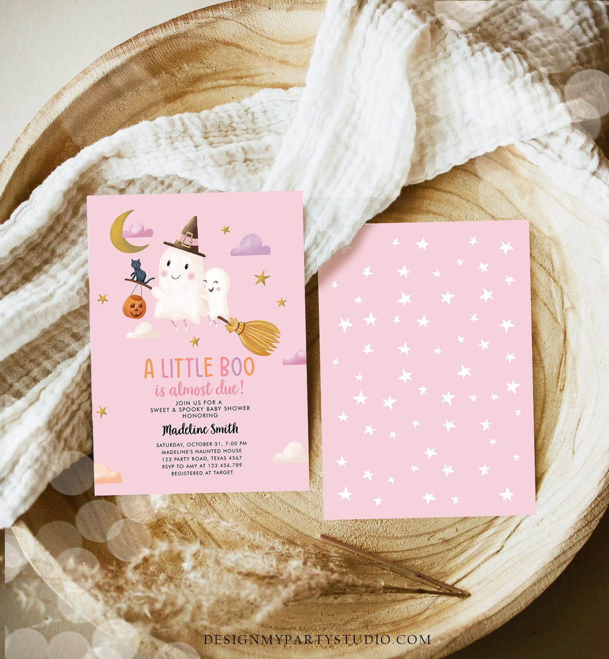 Editable Little Boo Baby Shower Invitation Cute Halloween Baby Boo Almost Due Couples Shower Pink Ghost Girl Template Printable 0479 0009