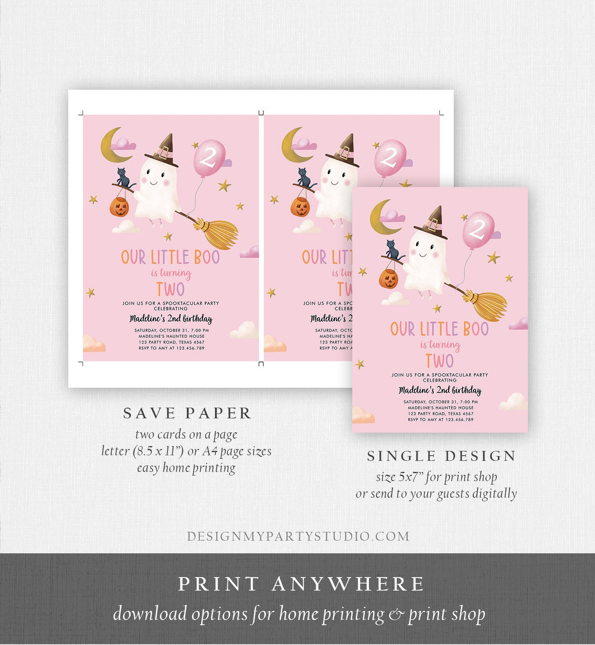 Editable Ghost Halloween 2nd Birthday Invitation Pink Costume Party Girl Pink Boo Spooktacular Spooky Download Template Printable 0479 0009