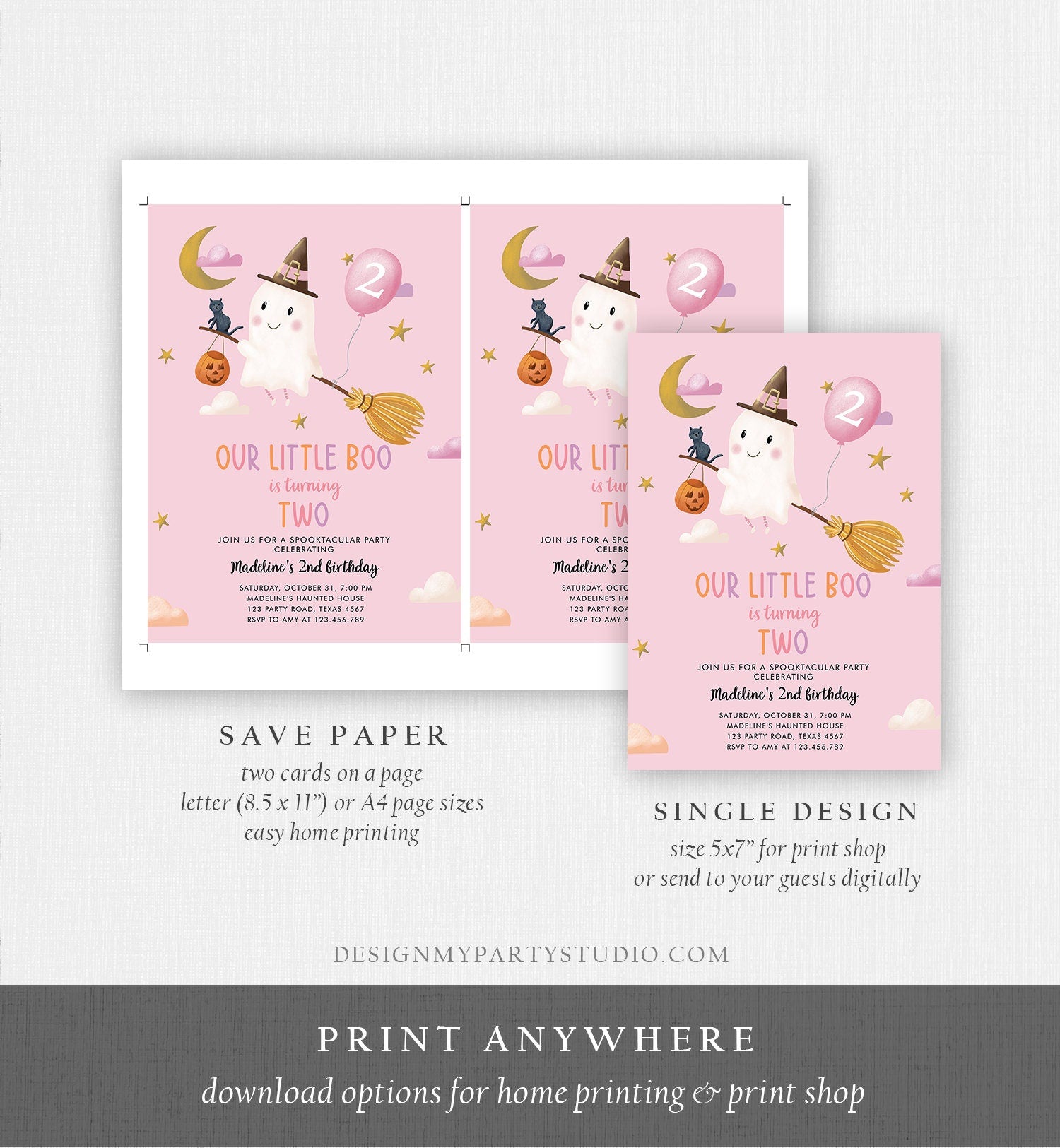 Editable Ghost Halloween 2nd Birthday Invitation Pink Costume Party Girl Pink Boo Spooktacular Spooky Download Template Printable 0479 0009