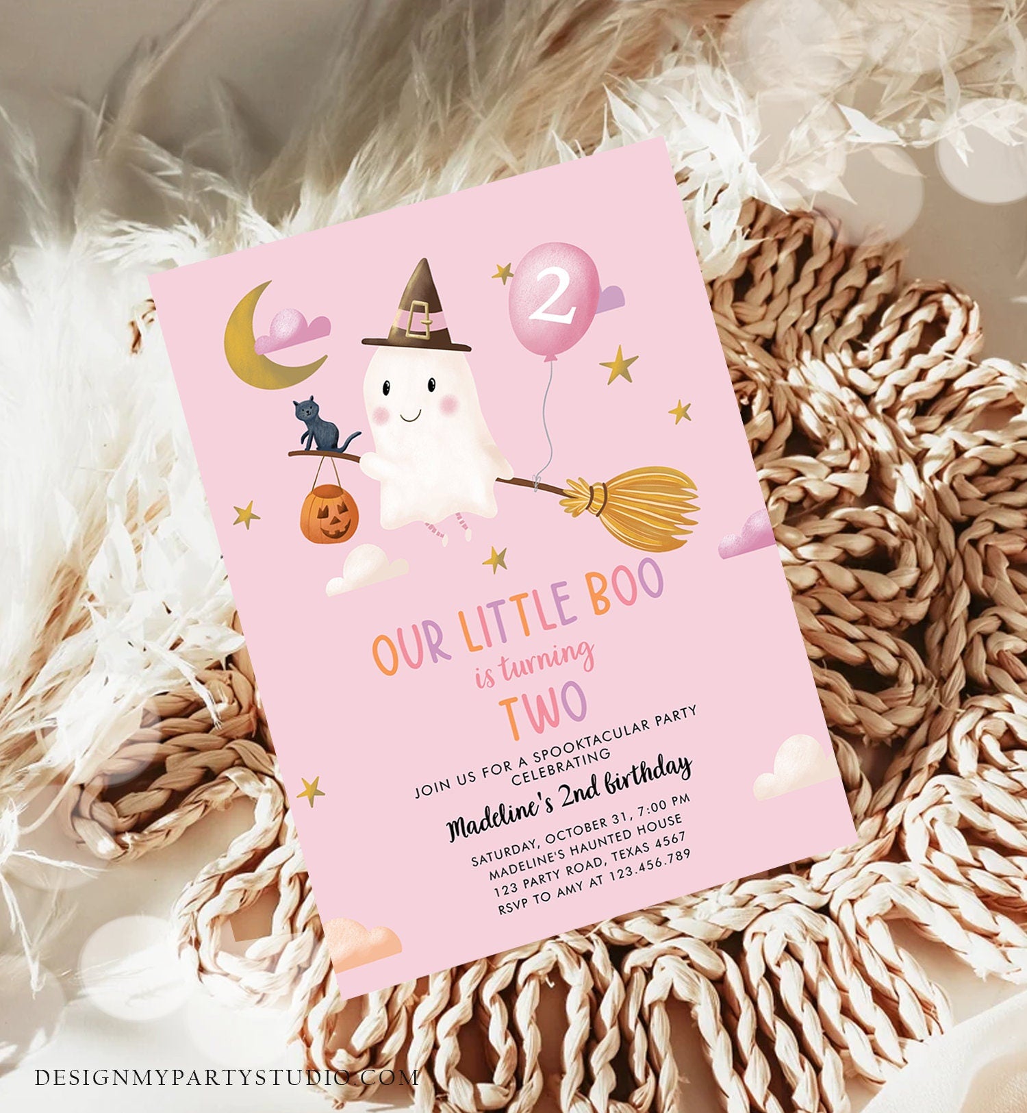 Editable Ghost Halloween 2nd Birthday Invitation Pink Costume Party Girl Pink Boo Spooktacular Spooky Download Template Printable 0479 0009