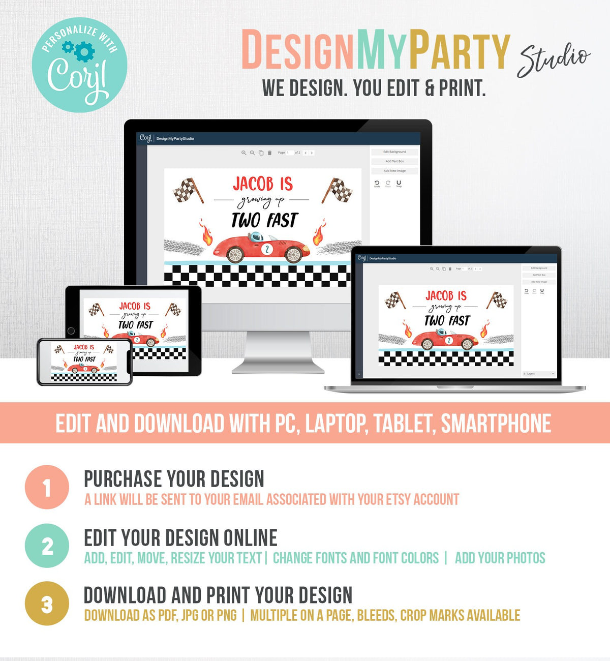 Editable Racing Car Backdrop Banner Growing Up Two Fast Birthday Boy 2nd Second 2 Fast Race Digital Download Template Printable 0424