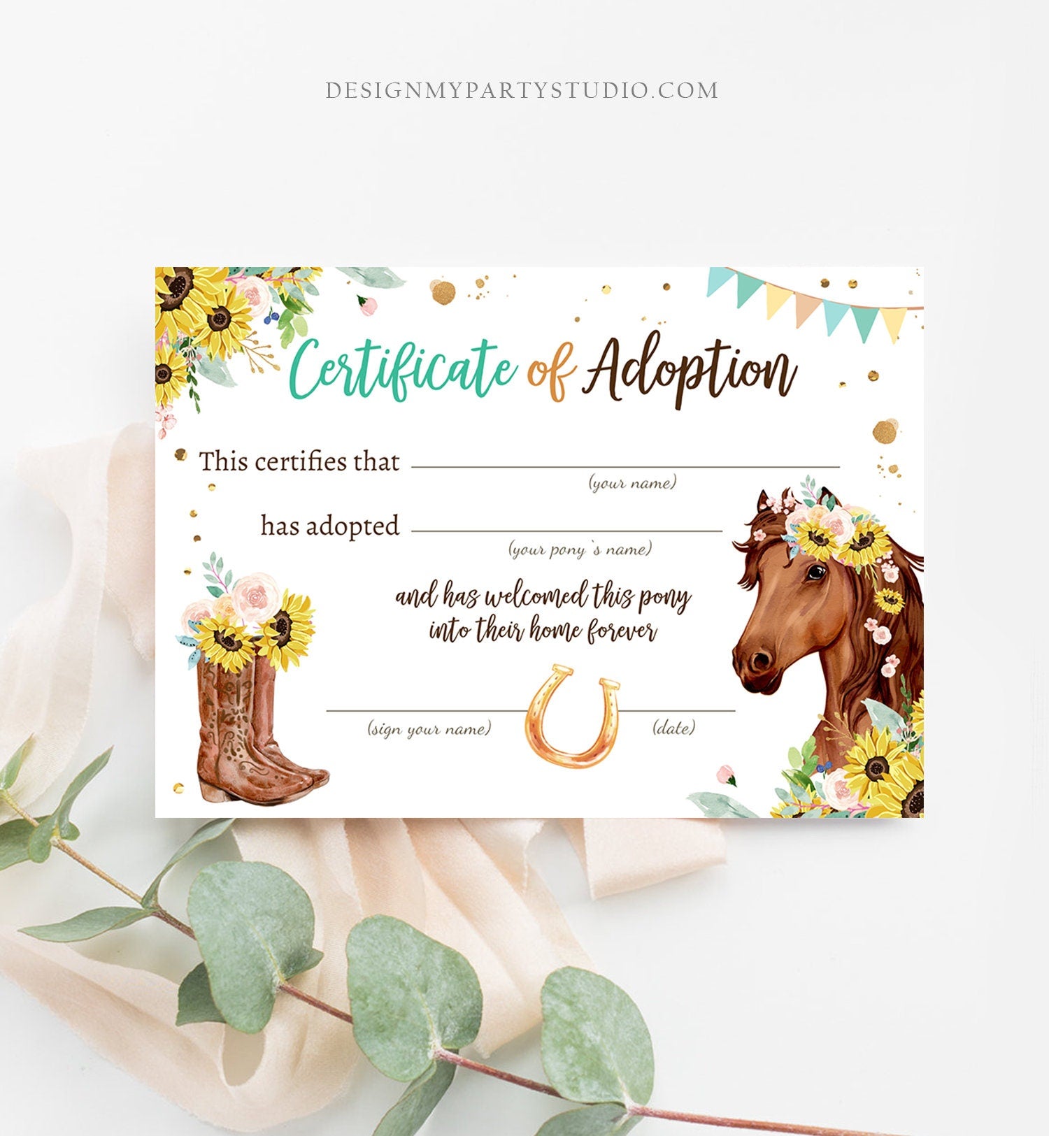 Adopt a Pony Adoption Certificate Horse Adoption Horse Birthday Party Pony Sunflowers Girl Horseback Riding Download Digital Printable 0408