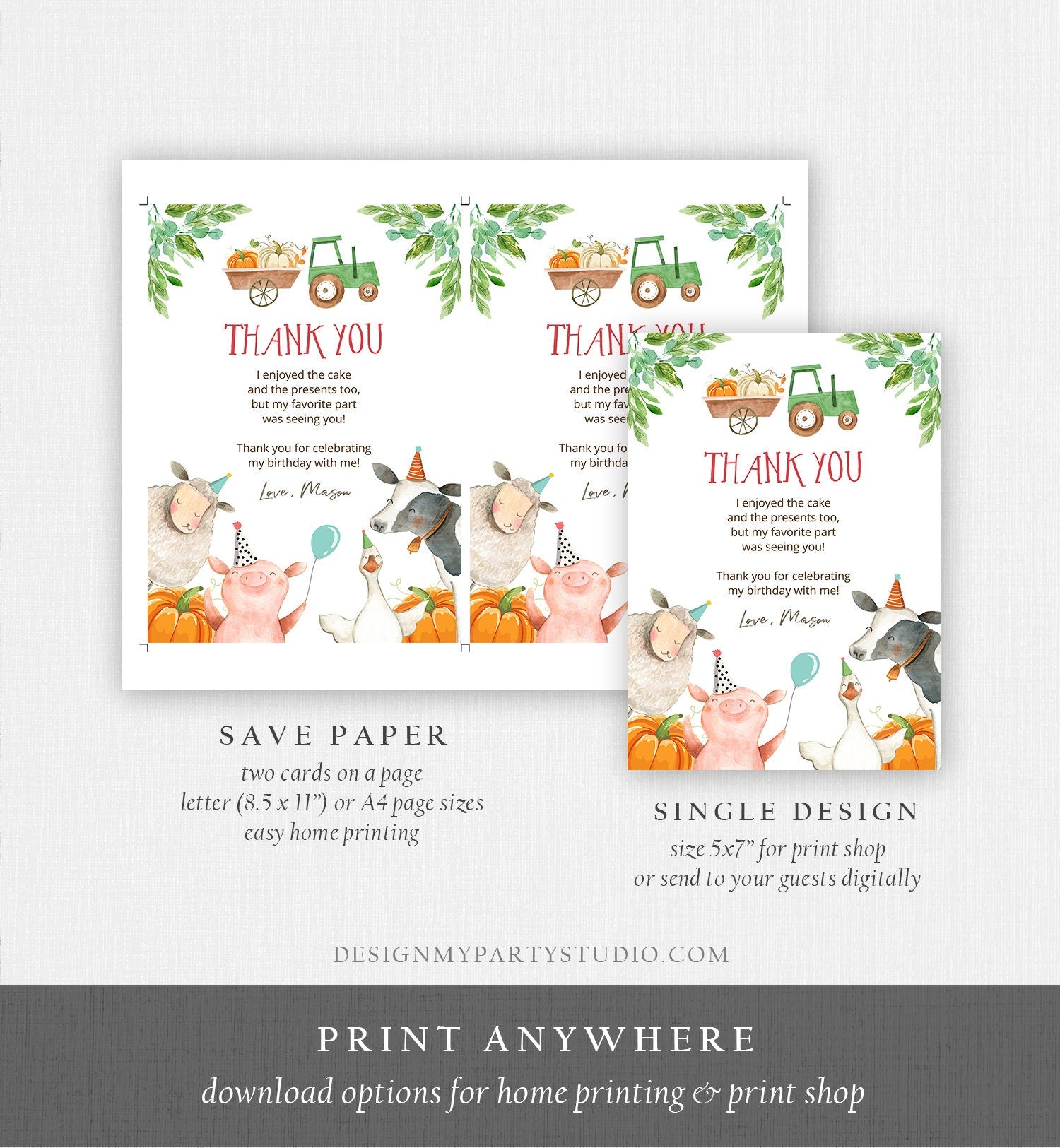 Editable Farm Animals Thank You Card Pumpkin Boy Green Tractor Farm Birthday Barnyard Thank You Fall Autumn Digital Template Printable 0155