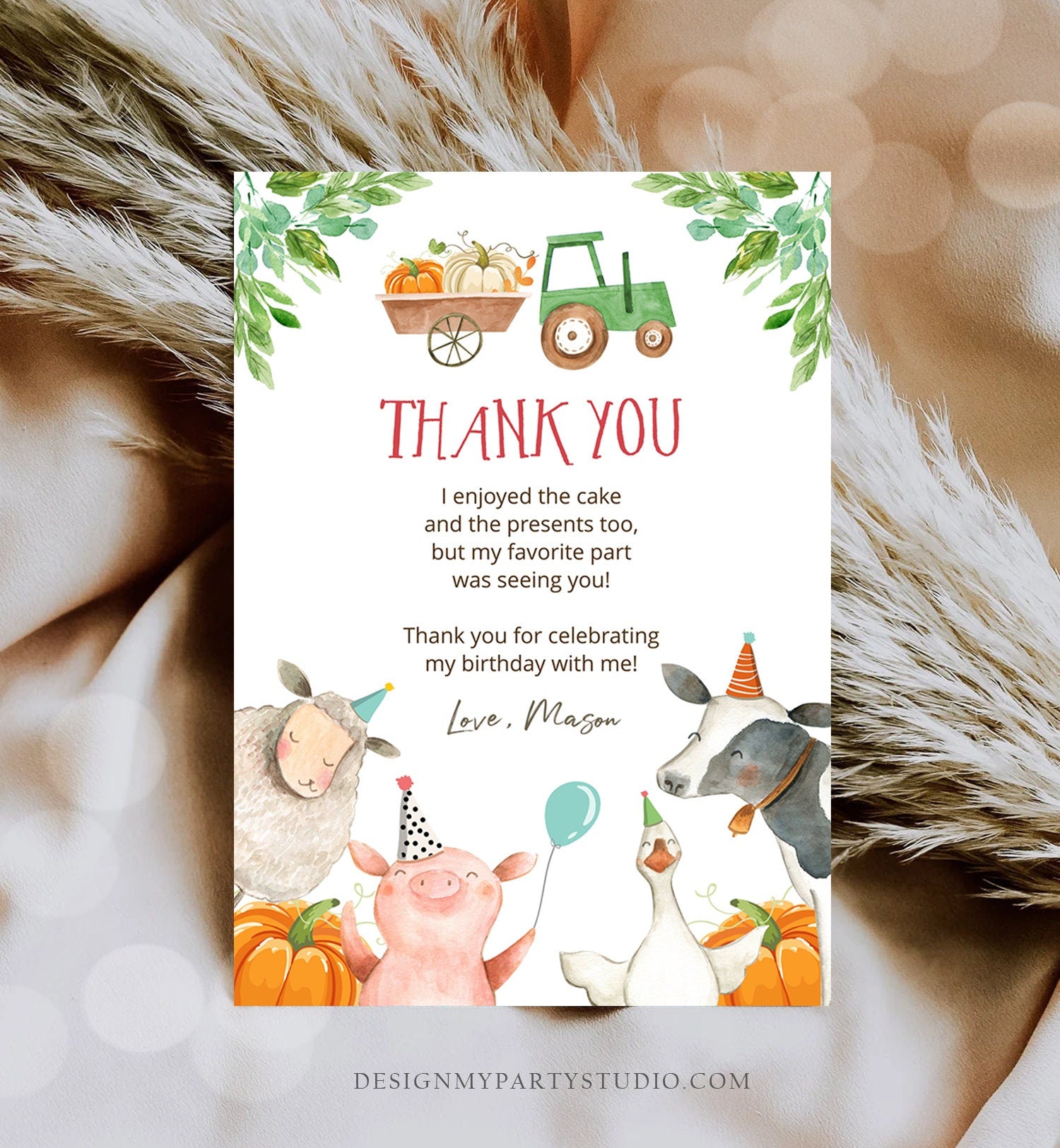 Editable Farm Animals Thank You Card Pumpkin Boy Green Tractor Farm Birthday Barnyard Thank You Fall Autumn Digital Template Printable 0155