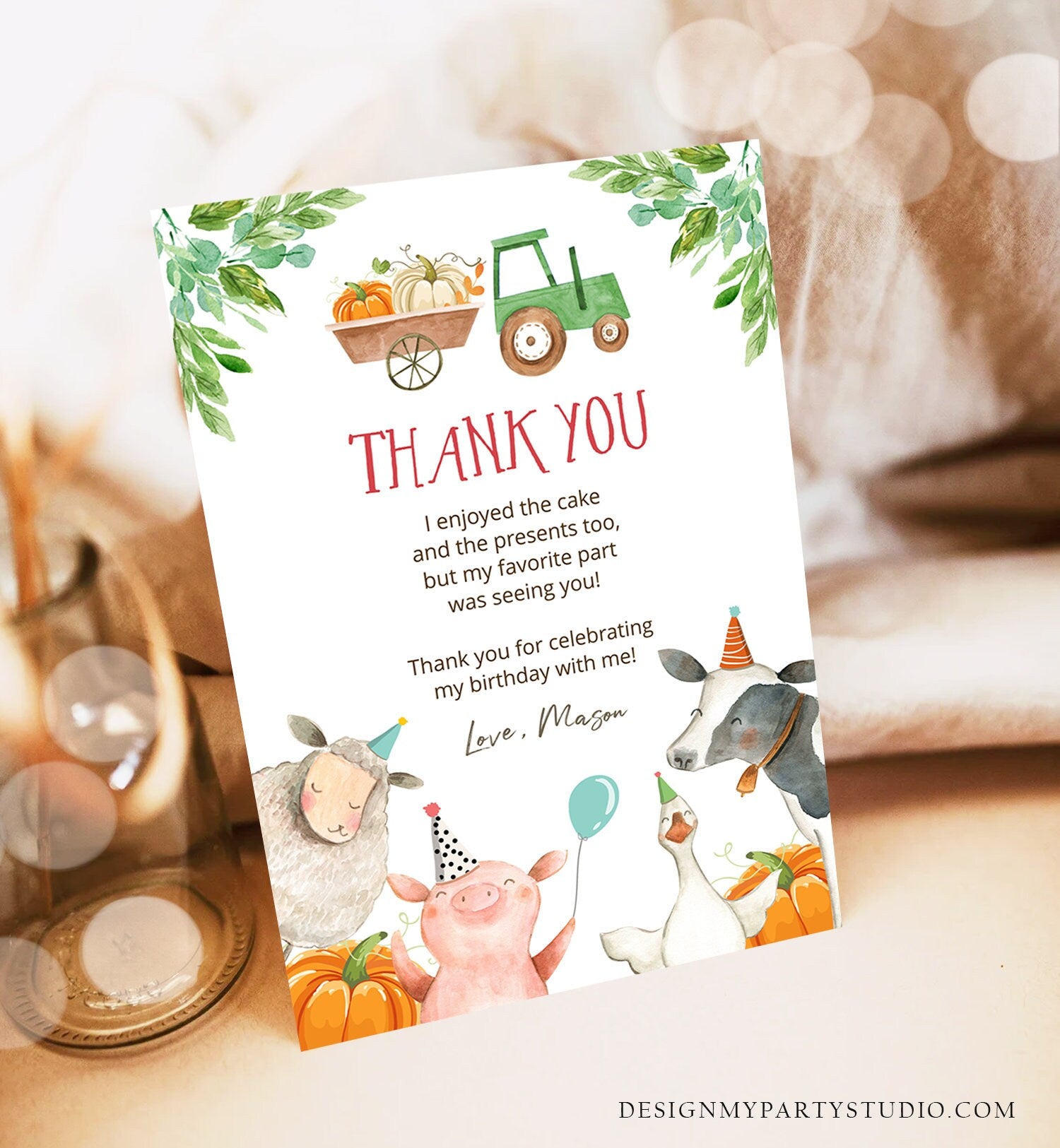 Editable Farm Animals Thank You Card Pumpkin Boy Green Tractor Farm Birthday Barnyard Thank You Fall Autumn Digital Template Printable 0155