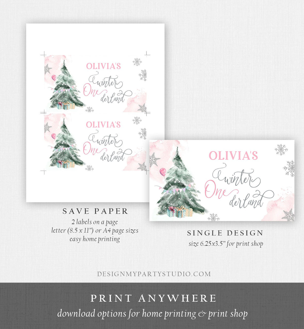 Editable Winter ONEderland Gable Gift Box Label Girl Birthday Treat Box Label Snow Tree Christmas Snowflake Digital Download Printable 0363