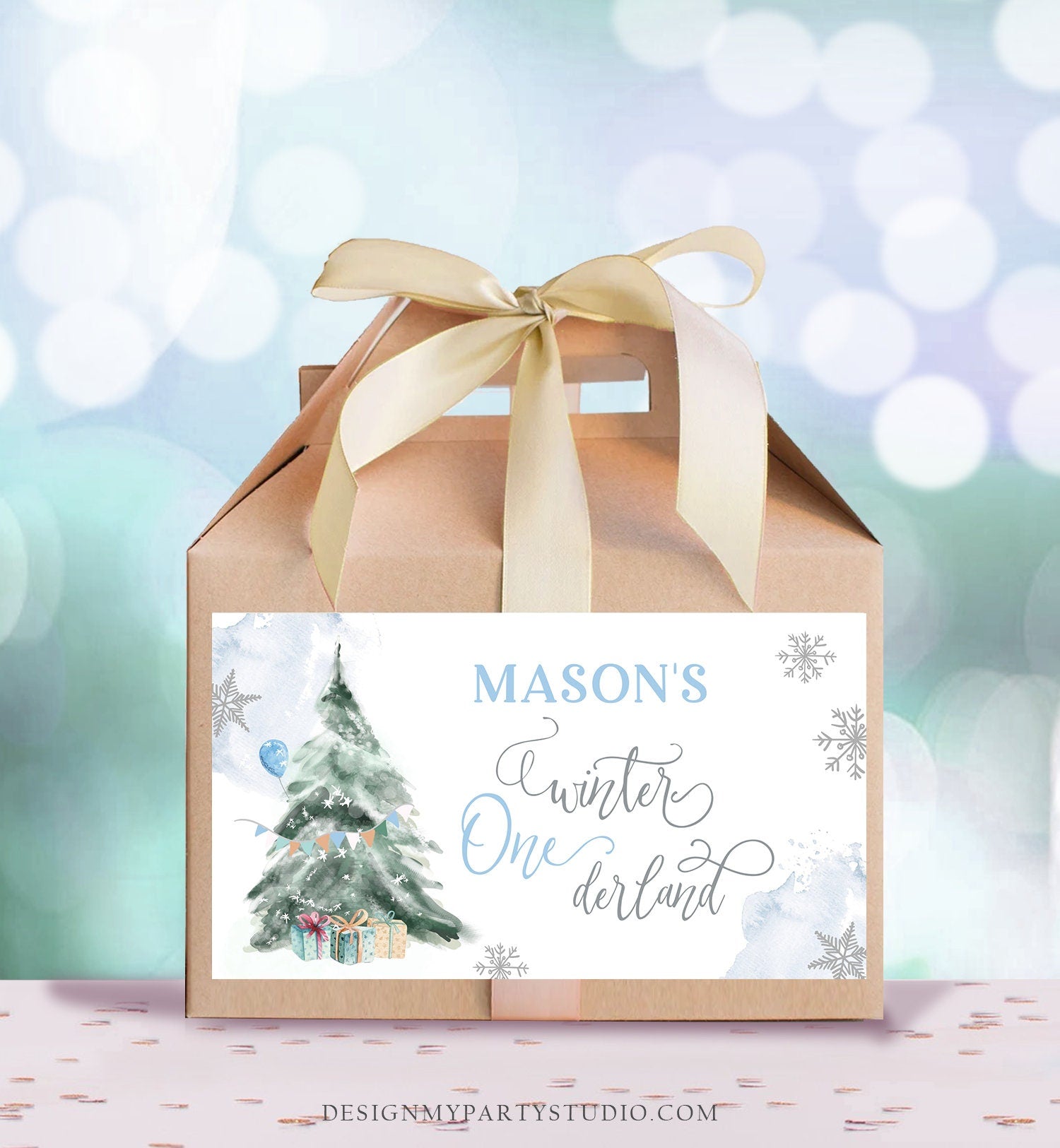 Editable Winter ONEderland Gable Gift Box Label Boy Birthday Treat Box Label Snow Tree Christmas Snowflake Download Printable Corjl 0363