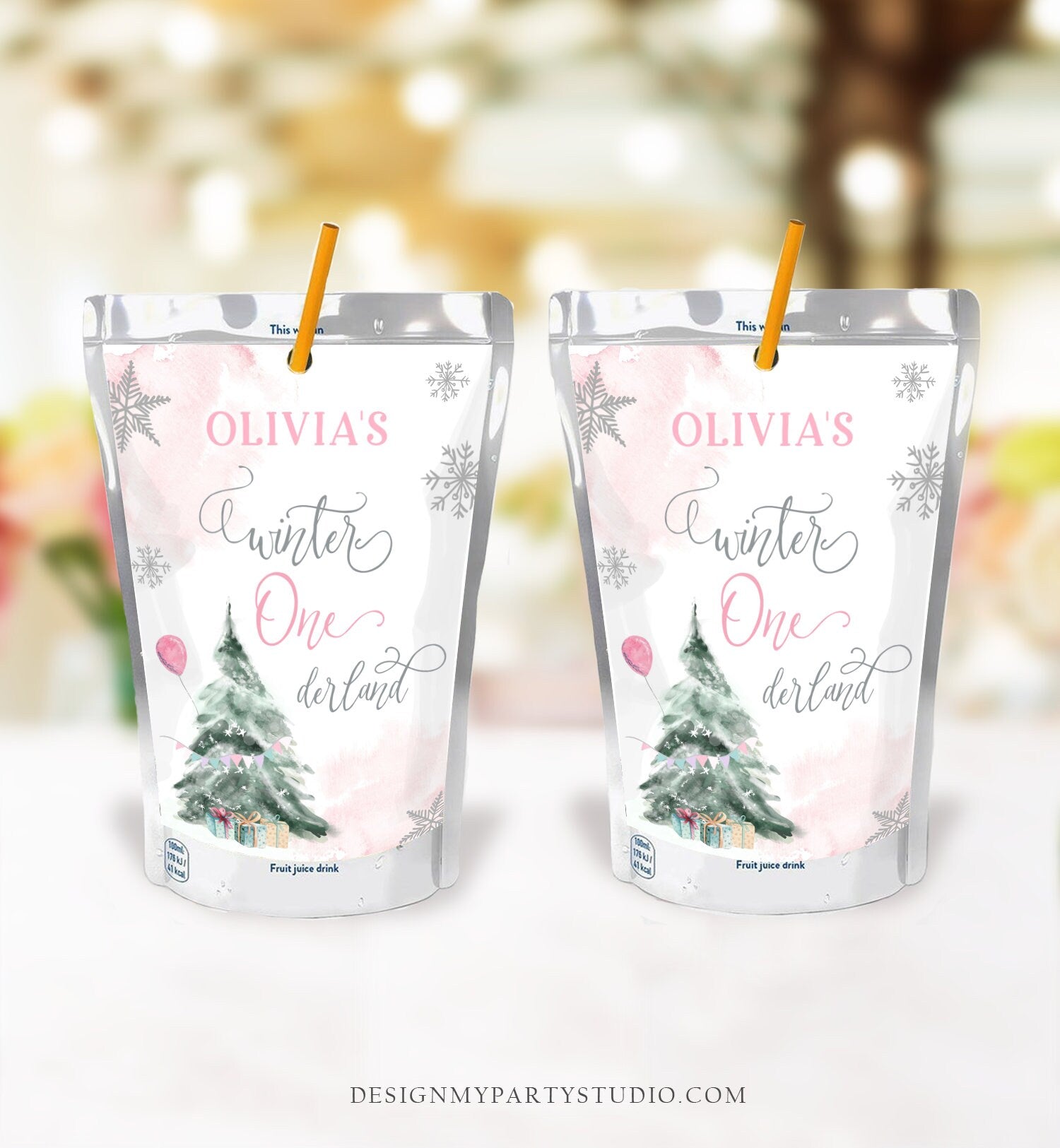 Editable Winter ONEderland Capri Sun Labels Juice Pouch Labels Girl First Birthday Party Christmas Snowflakes Corjl Template Printable 0363