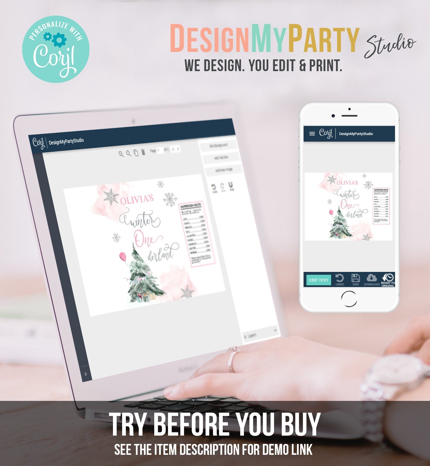 Editable Winter ONEderland Chip Bag Christmas Tree Snowflake Wonderland Girl First Birthday Decor Favors Digital Template Printable 0363