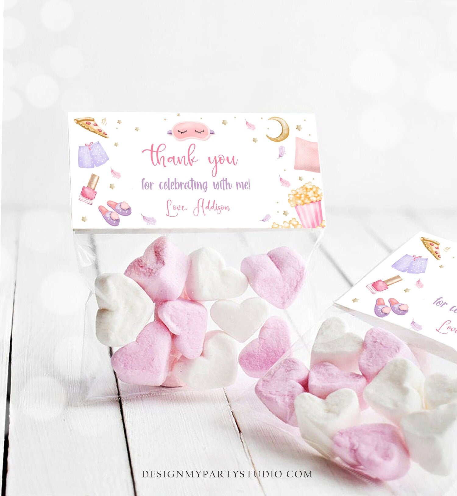 Editable Sleepover Slumber Party Treat Bag Toppers Girl Birthday Party Favors Thank You Movie Night Popcorn Pajamas Corjl Template 0447