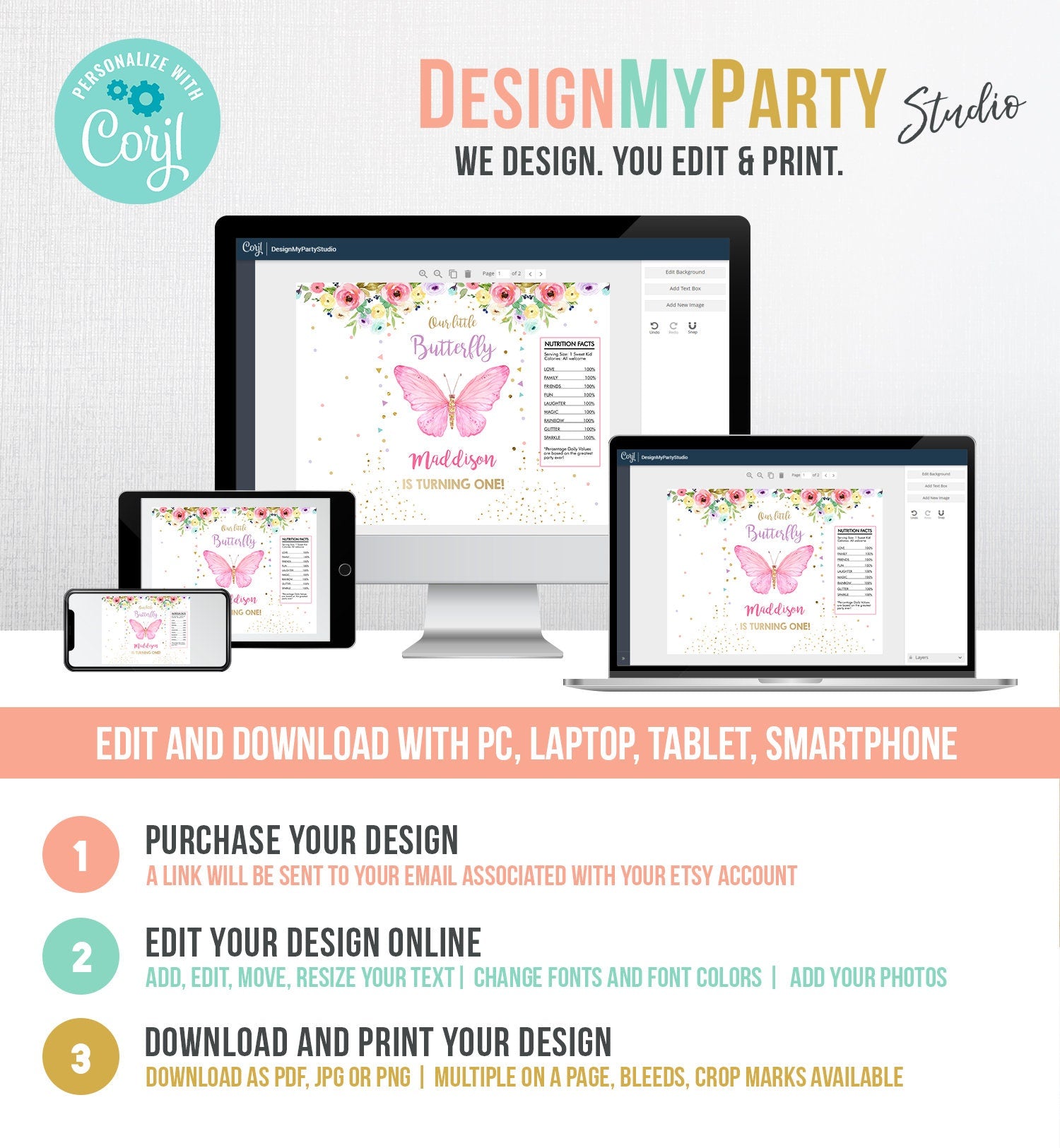 Editable Butterfly Chip Bag Birthday Party Baby Shower Decor Girl Watercolor Purple Lavender Snack Favors Digital Template Printable 0162