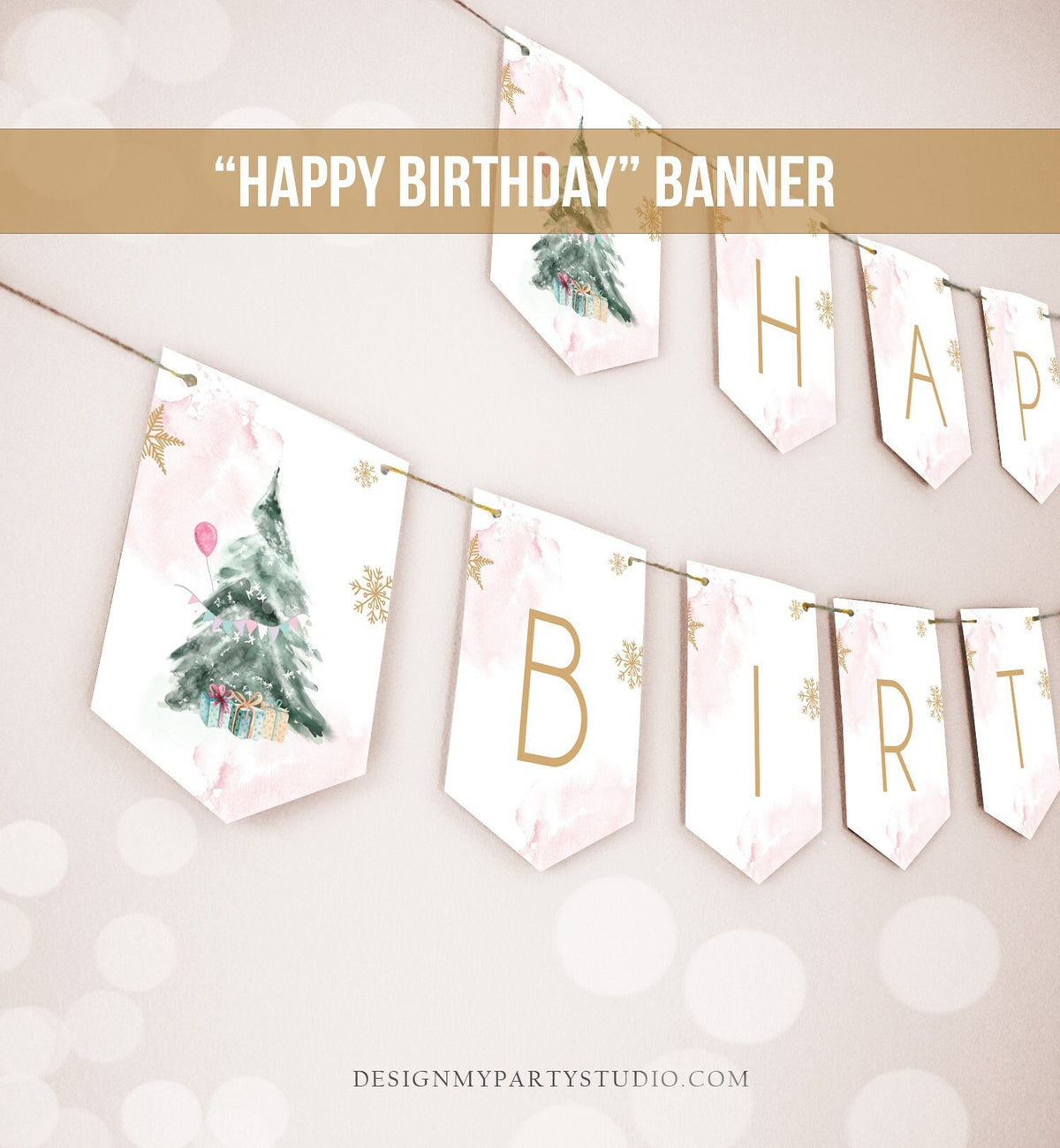 Happy Birthday Banner Winter Tree Birthday Girl Winter Onederland Magical Winter Christmas Gold Pink Download PRINTABLE DIGITAL DIY 0363