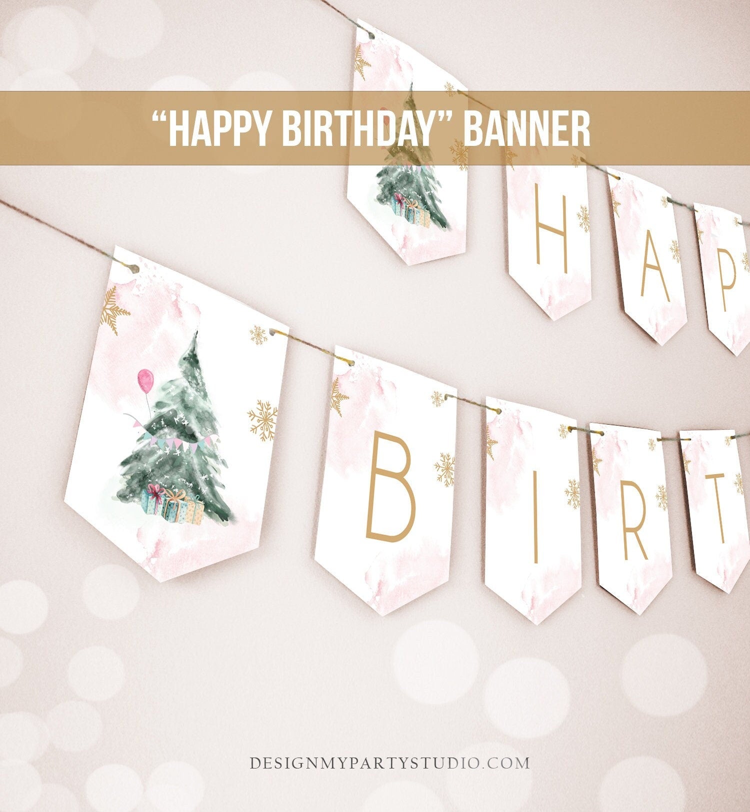 Happy Birthday Banner Winter Tree Birthday Girl Winter Onederland Magical Winter Christmas Gold Pink Download PRINTABLE DIGITAL DIY 0363