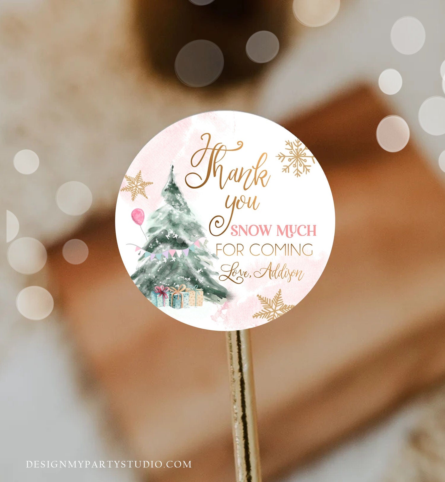 Editable Winter Tree Favor Tag Winter Onederland Girl Christmas Thank You Snow Much Birthday Pink Gold Gift Digital Template Printable 0363