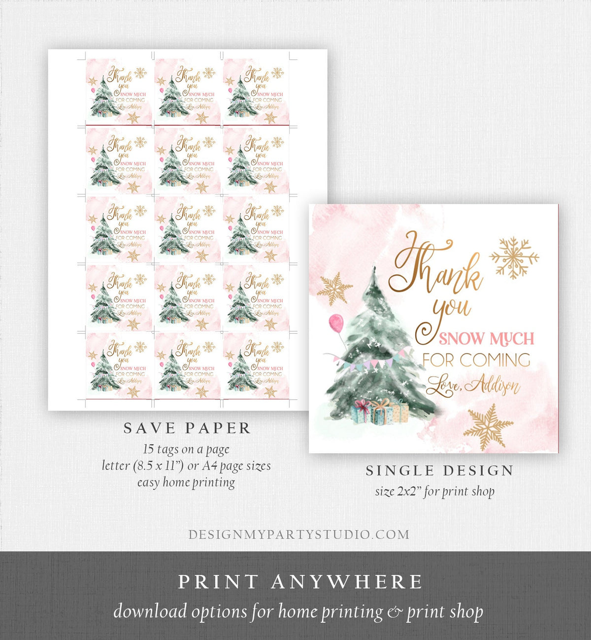 Editable Winter Tree Favor Tag Winter Onederland Girl Christmas Thank You Snow Much Birthday Pink Gold Gift Digital Template Printable 0363