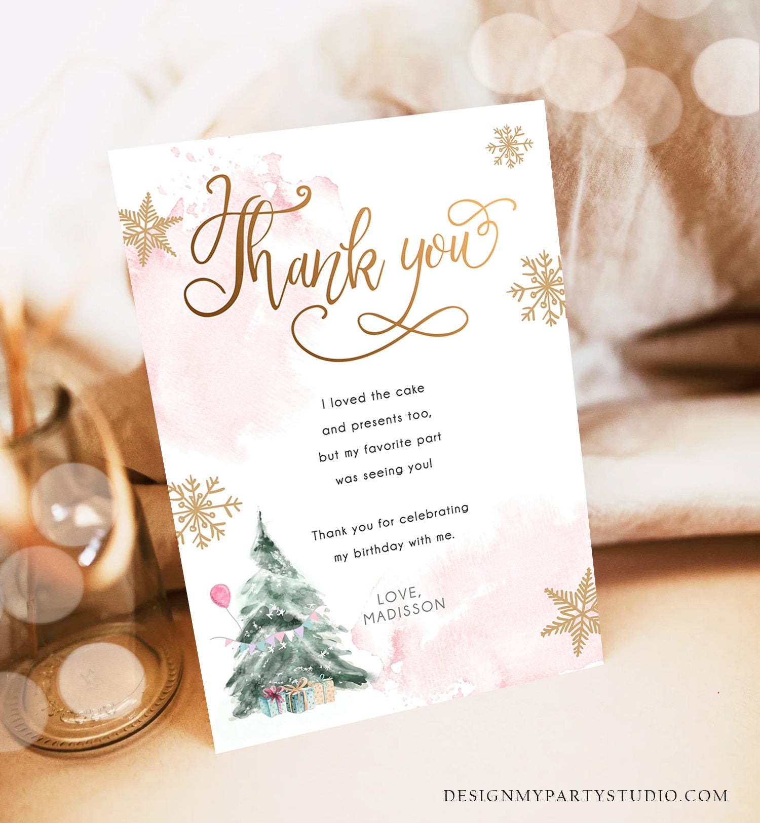 Editable Winter Tree Thank You Card Watercolor Birthday Winter Onederland Pink Gold Girl Christmas Snowflake Digital Template Printable 0363
