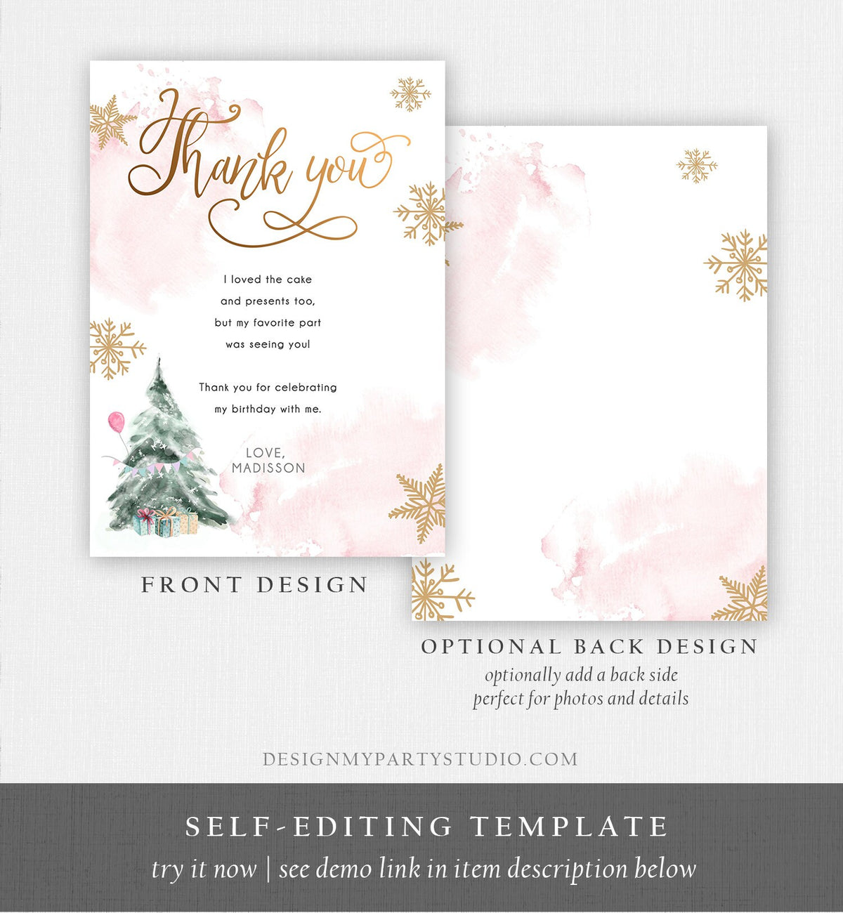 Editable Winter Tree Thank You Card Watercolor Birthday Winter Onederland Pink Gold Girl Christmas Snowflake Digital Template Printable 0363