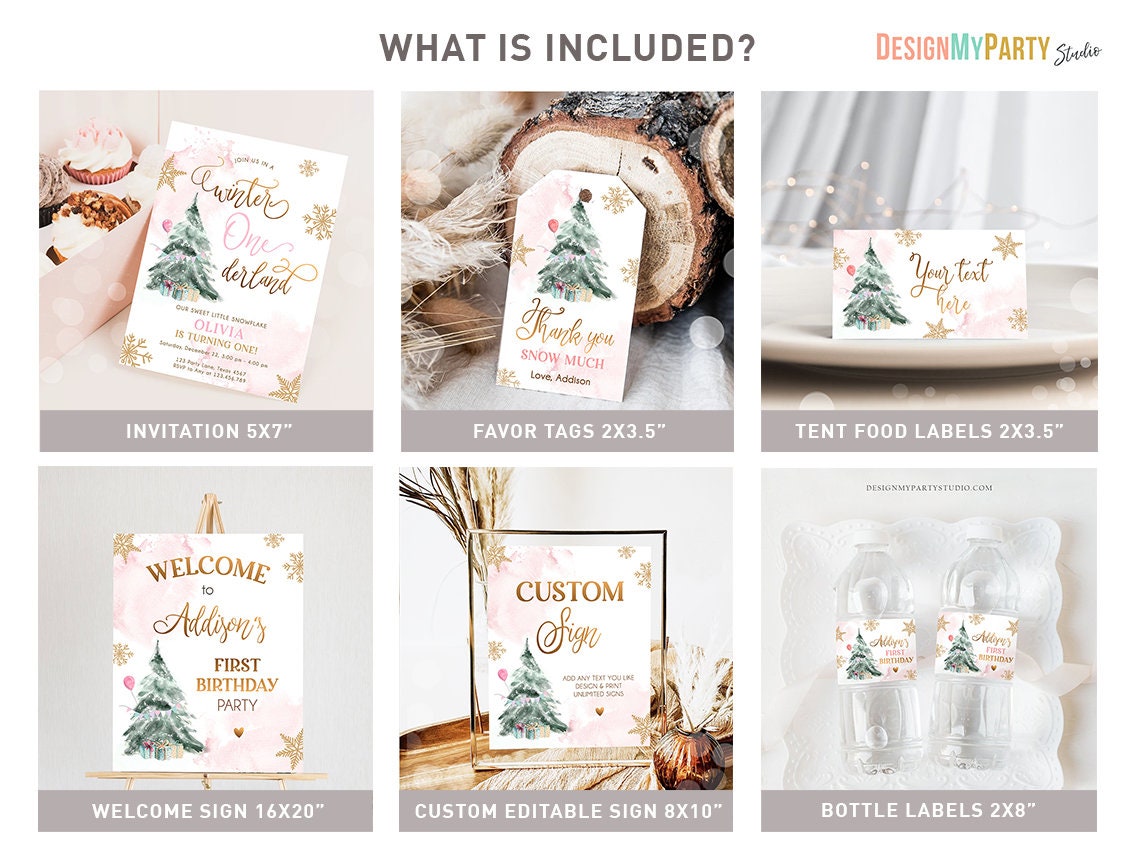 Winter ONEderland Birthday Bundle Christmas Girl Pink Gold 1st First Birthday Tree Snowflakes Watercolor Digital Template Printable 0363