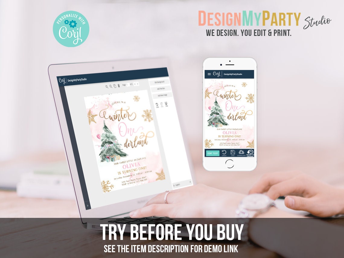 Winter ONEderland Birthday Bundle Christmas Girl Pink Gold 1st First Birthday Tree Snowflakes Watercolor Digital Template Printable 0363