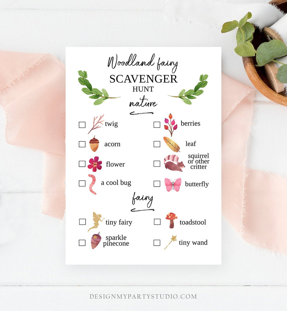 Editable Scavenger Hunt Checklist Game Party Woodland Fairy Birthday W - Design My Party Studio for Fairy Scavenger Hunt Free Printables