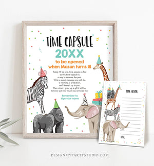 Editable Party Animals Time Capsule Boy First Birthday Wild One First Birthday Party Zoo Safari Animals Jungle Corjl Template Printable 0142