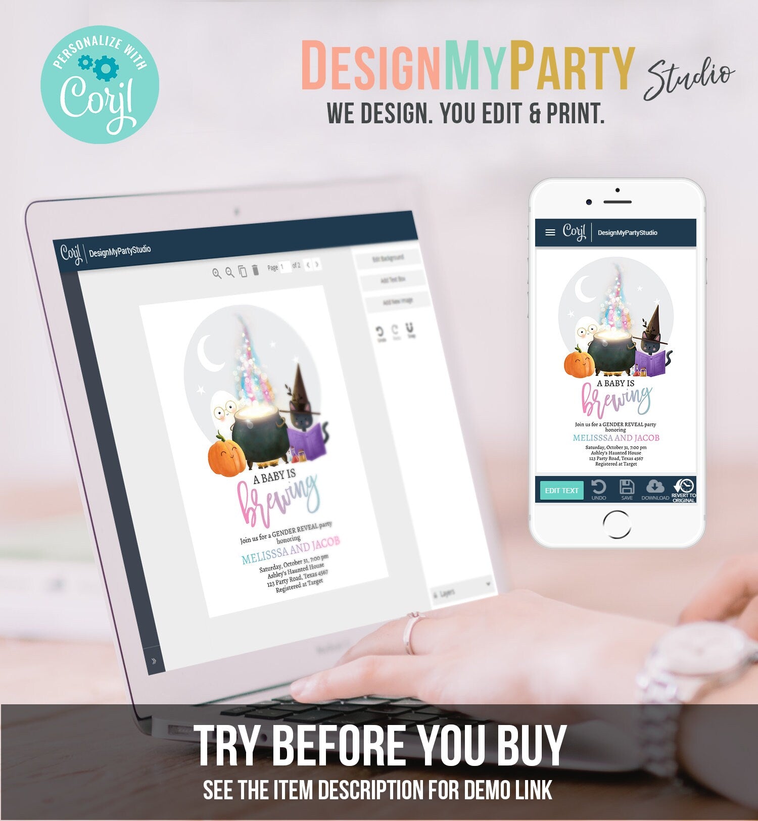 Editable A Baby is Brewing Halloween Gender Reveal Invitation Gender Spooky He or She Fall Digital Evite Template Printable 0480 0009