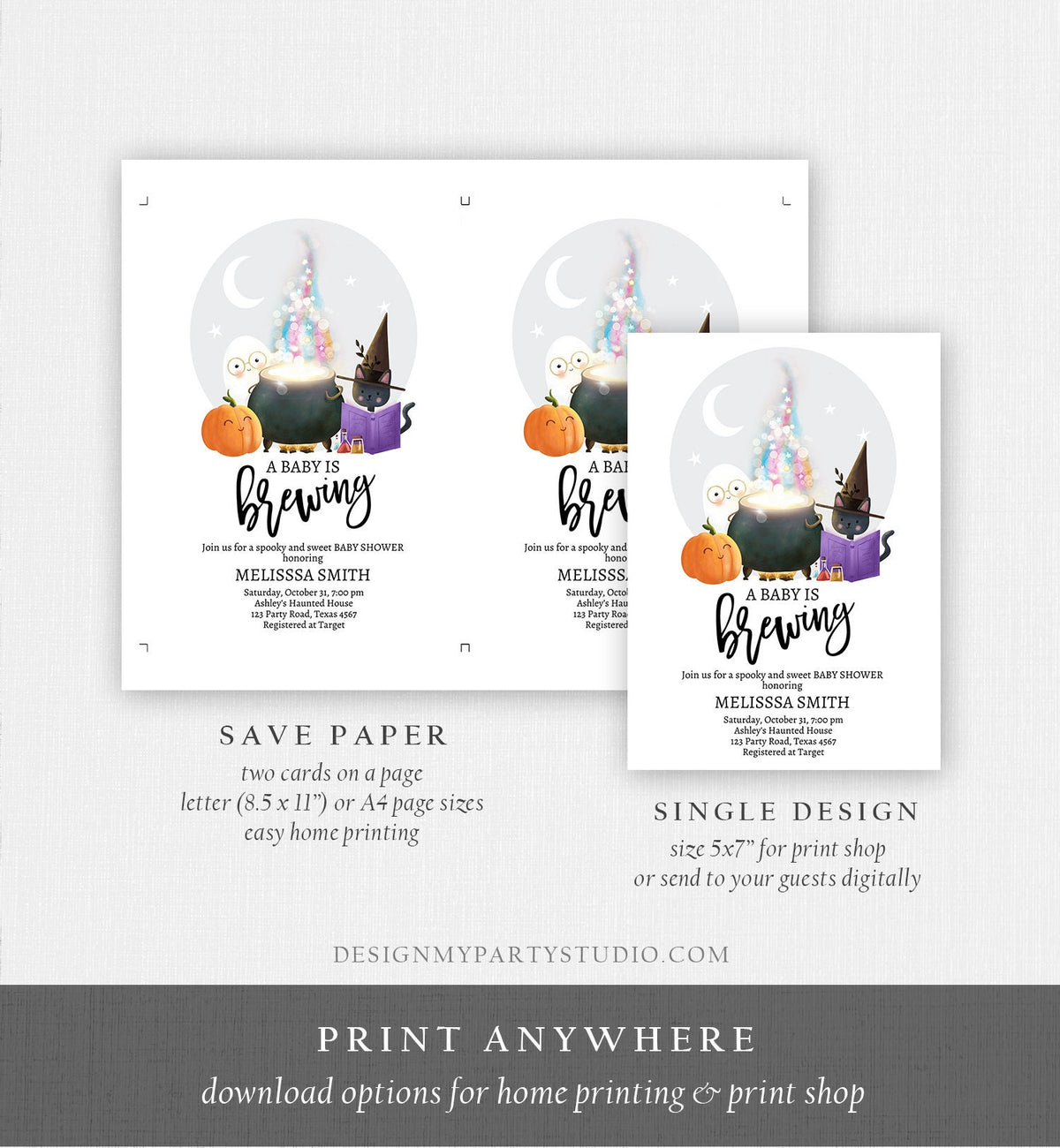 Editable A Baby is Brewing Halloween Baby Shower Invitation Gender Neutral Spooky Fall Couples Digital Download Template Printable 0480 0009