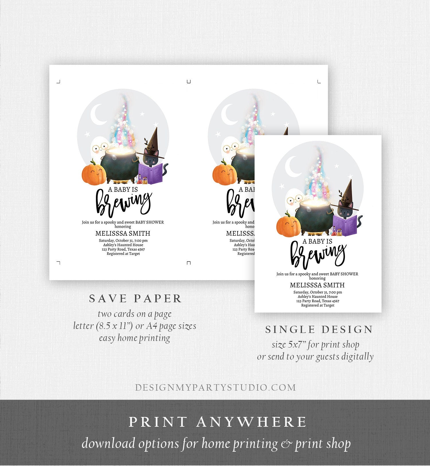 Editable A Baby is Brewing Halloween Baby Shower Invitation Gender Neutral Spooky Fall Couples Digital Download Template Printable 0480 0009