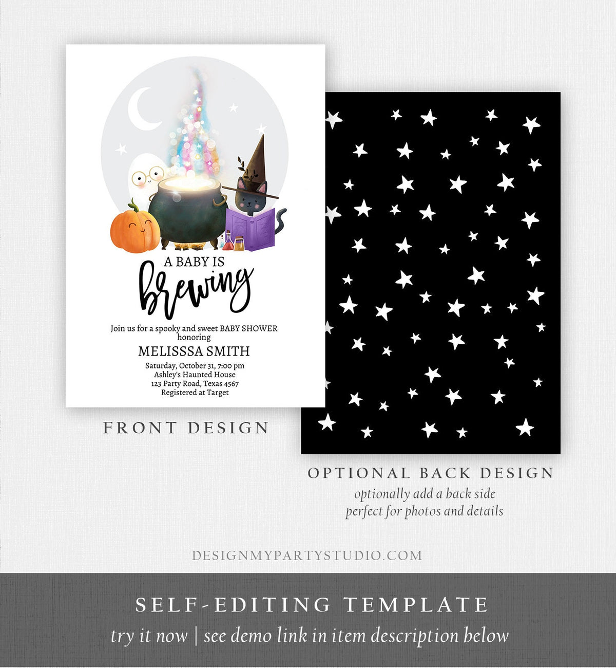 Editable A Baby is Brewing Halloween Baby Shower Invitation Gender Neutral Spooky Fall Couples Digital Download Template Printable 0480 0009
