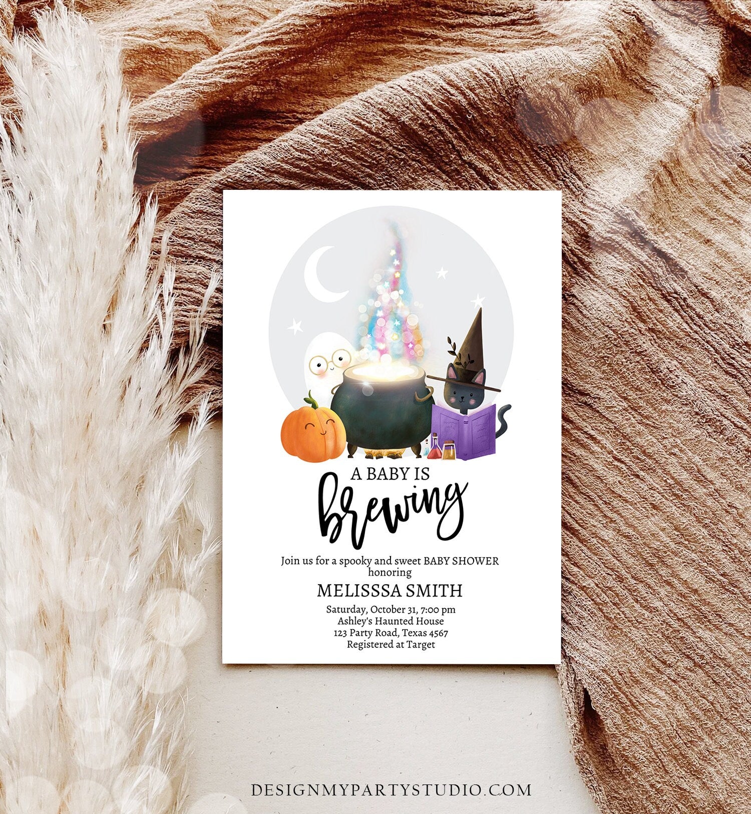 Editable A Baby is Brewing Halloween Baby Shower Invitation Gender Neutral Spooky Fall Couples Digital Download Template Printable 0480 0009