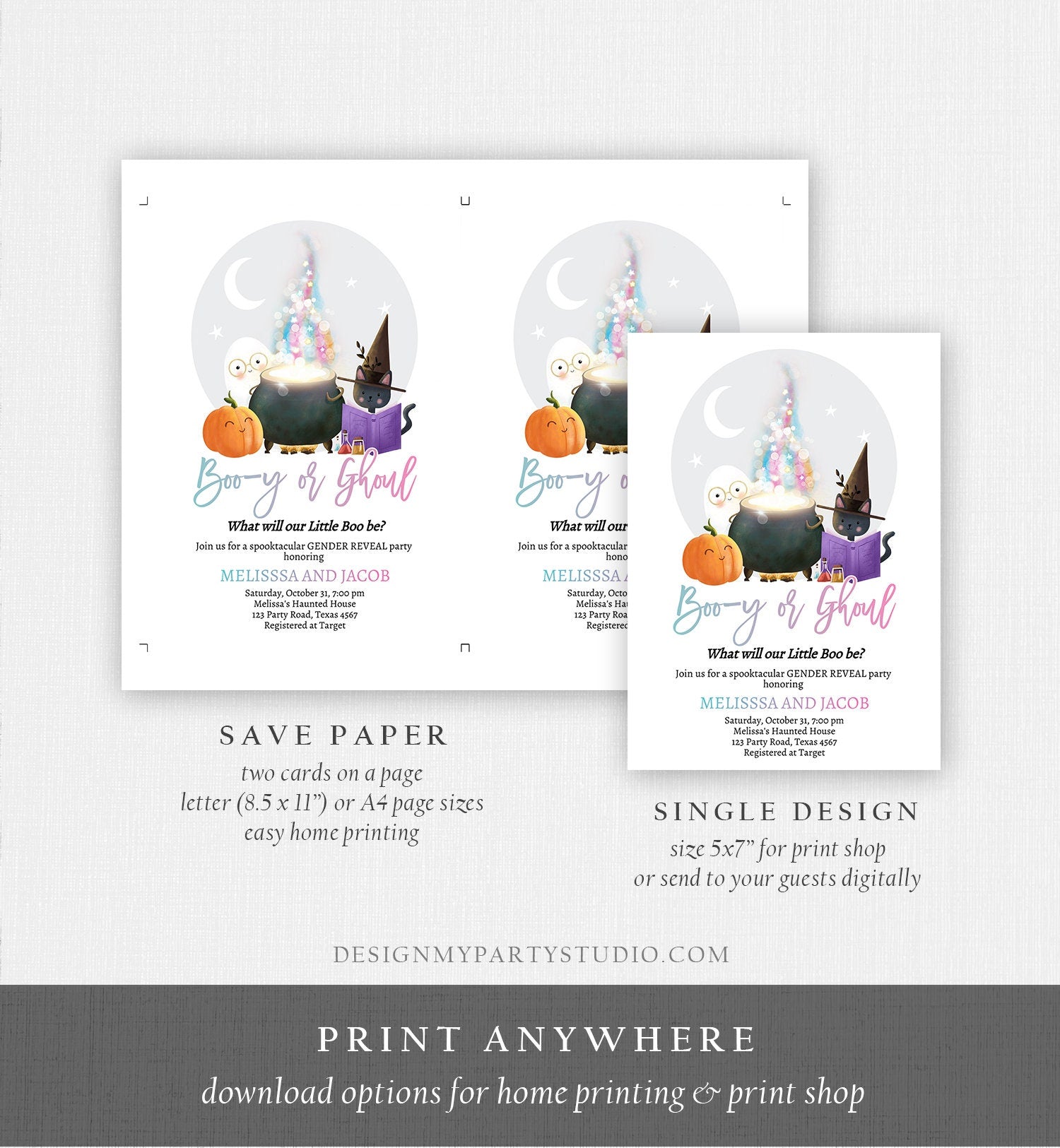 Editable Halloween Gender Reveal Invitation Little Boo Ghost Boo-y or Ghoul Pink Blue Ghost Halloween Digital Template Printable 0480 0009
