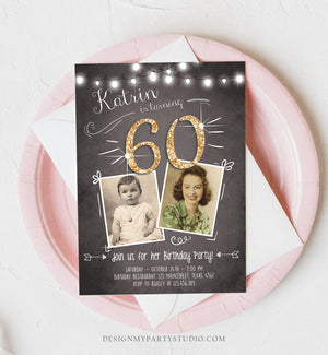 Editable 60th Birthday Invitation ANY AGE Chalkboard Rustic Adult Sixty Photo Vintage Gold Diamond Jubilee Anniversary Corjl Template 0230