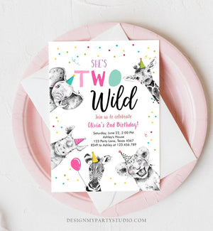 Editable Two Wild Birthday Invitation Safari Animals Party Animals Girl Pink Gold Second Birthday 2nd Confetti Corjl Template Printable 0390