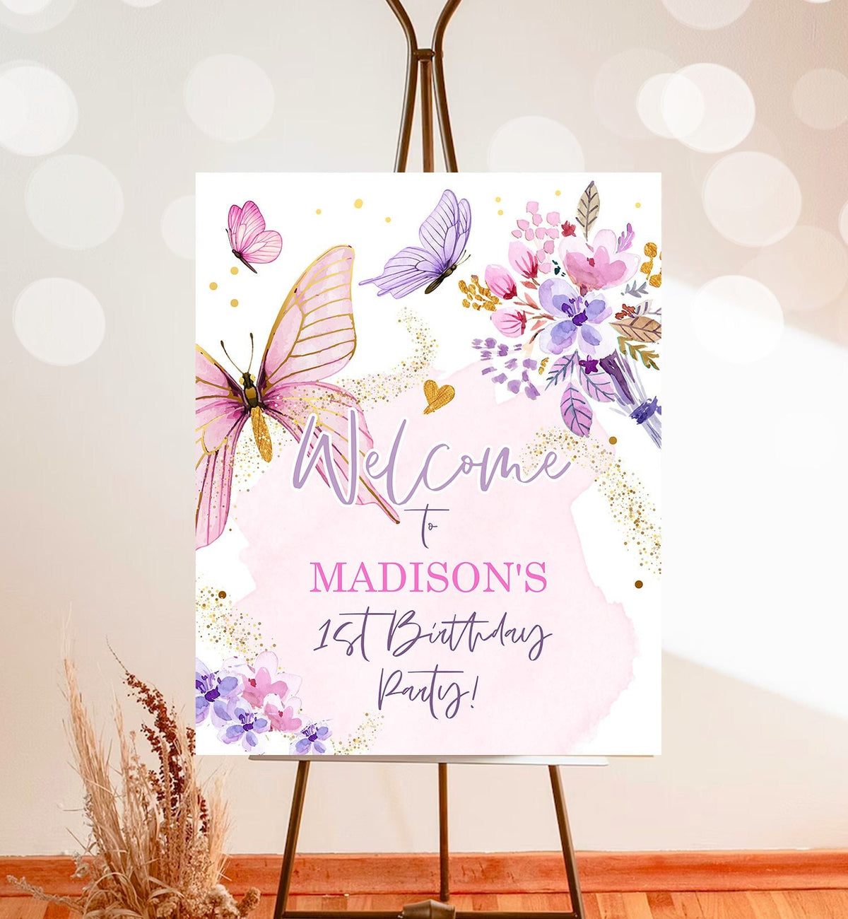 Editable Butterfly Welcome Sign Butterfly Birthday Party Butterfly Party Garden Girl Pink Gold Floral Purple Digital Template Printable 0437