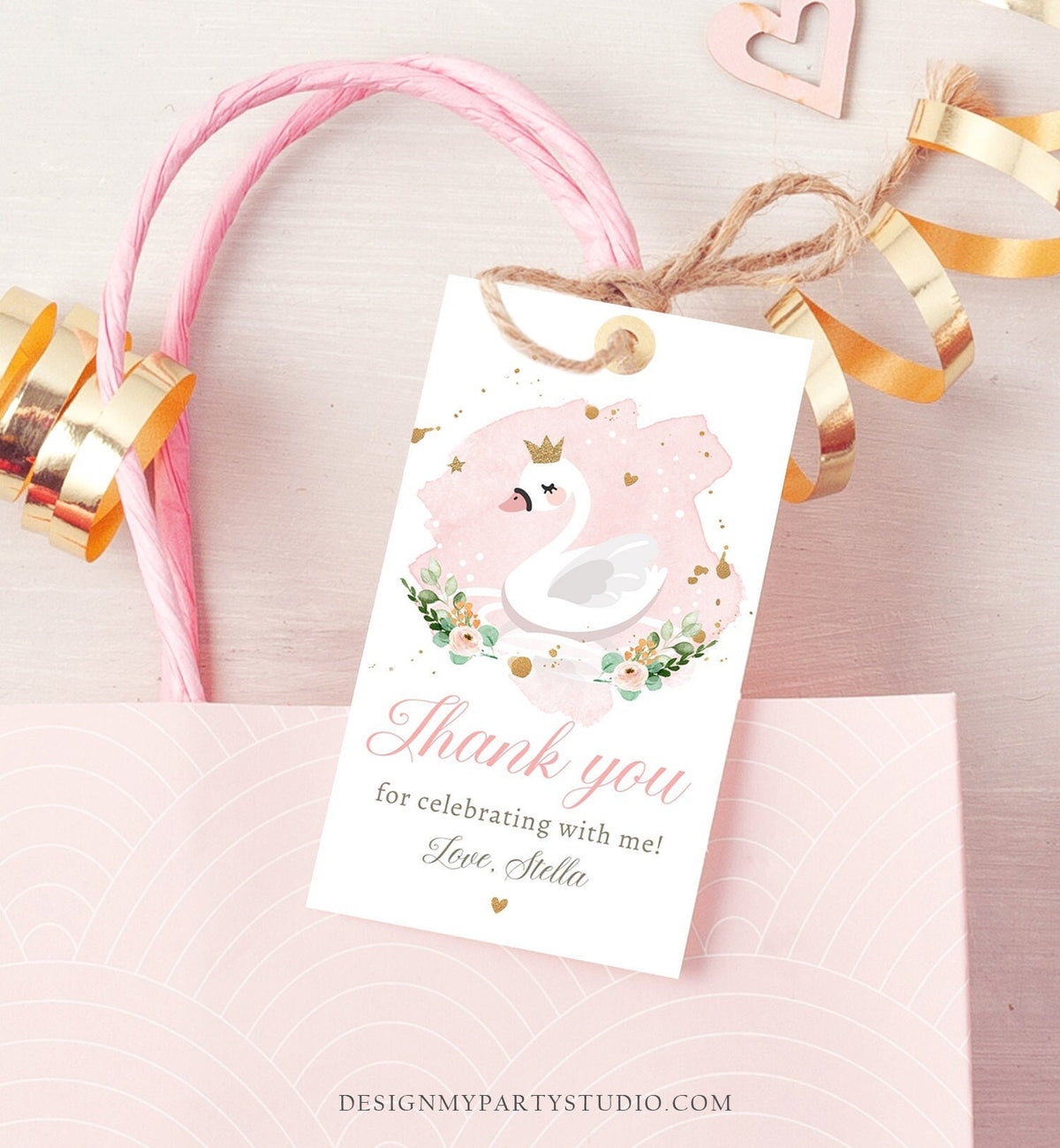 Editable Floral Swan Birthday Favor Tags Thank You Tags Princess Swan Girl Pink Gold Birthday Gift Tag Decor Digital Template Printable 0382