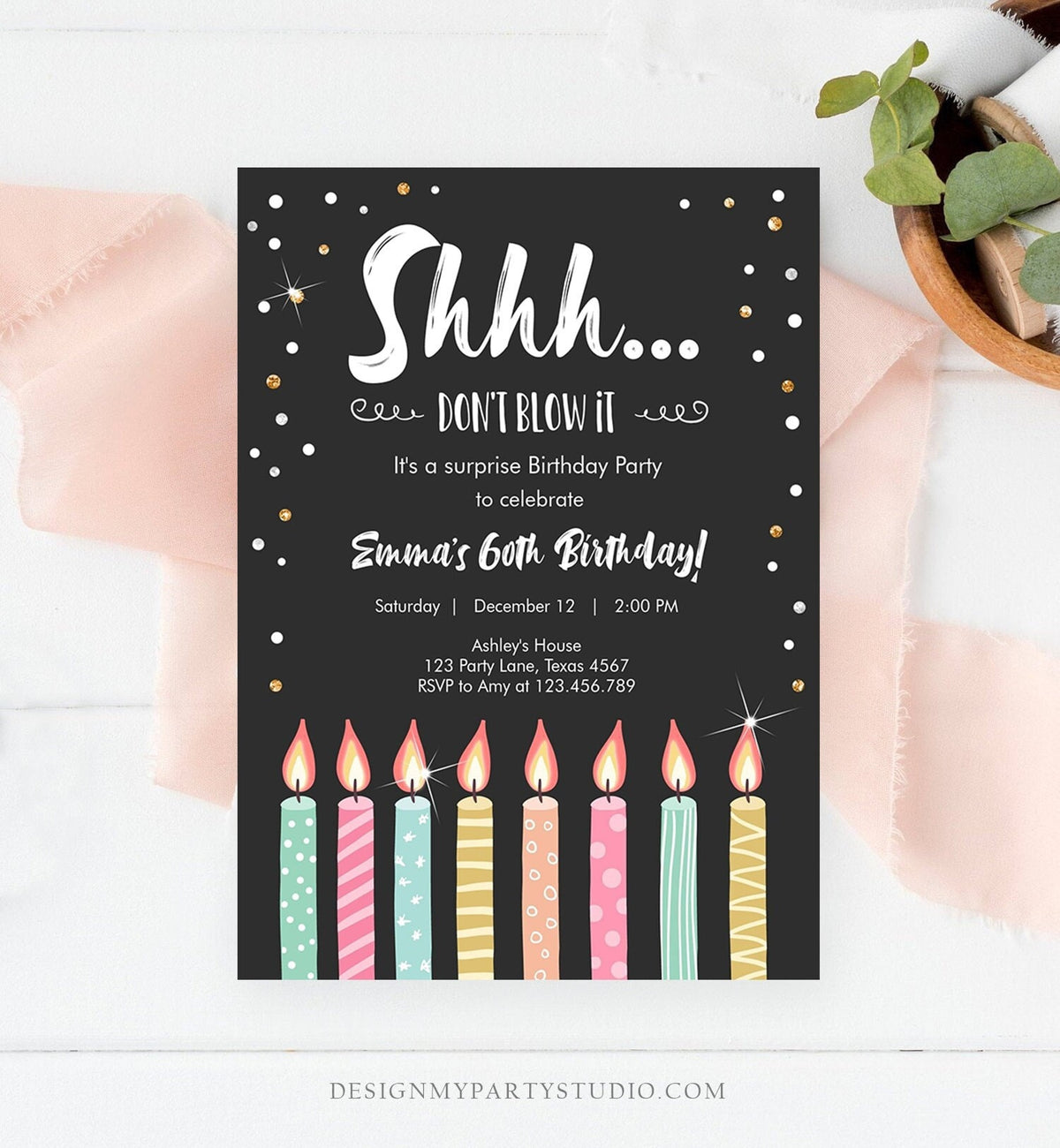 Editable Candles Surprise Birthday Invitation Shhh It&amp;#39;s A Surprise Party 30th 40th 50th 60th Adult Download Corjl Template Printable 0277