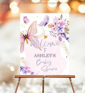 Editable Butterfly Welcome Sign Butterfly Baby Shower Butterfly Party Garden Girl Pink Gold Floral Purple Template PRINTABLE Corjl 0437