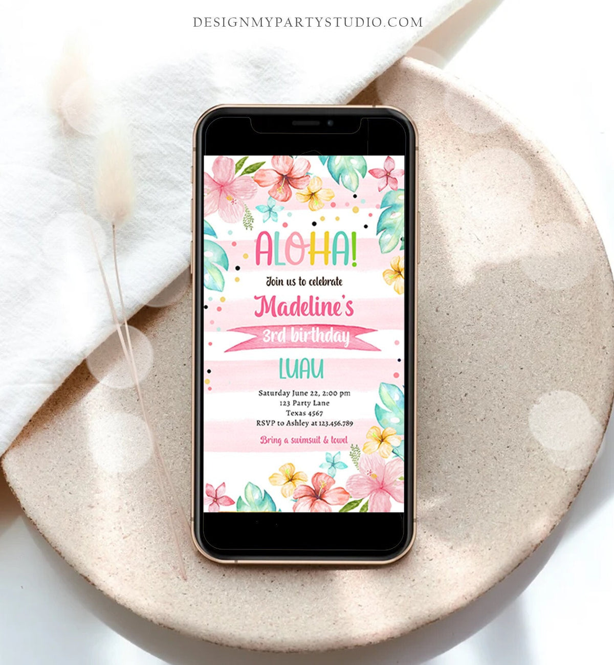 Editable Hawaiian Luau Birthday Evite Pineapple Birthday Pool Party Pink Girl Electronic Phone Digital Download Template Printable 0391