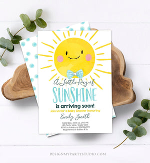 Editable A Little Ray of Sunshine Baby Shower Invitation Blue Yellow Boy Sunshine Party Invite Template Instant Download Digital Corjl 0141