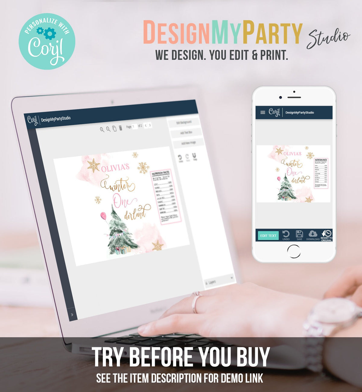 Editable Winter ONEderland Chip Bag Christmas Tree Snowflake Wonderland Girl Birthday Gold Party Favors Digital Template Printable 0363