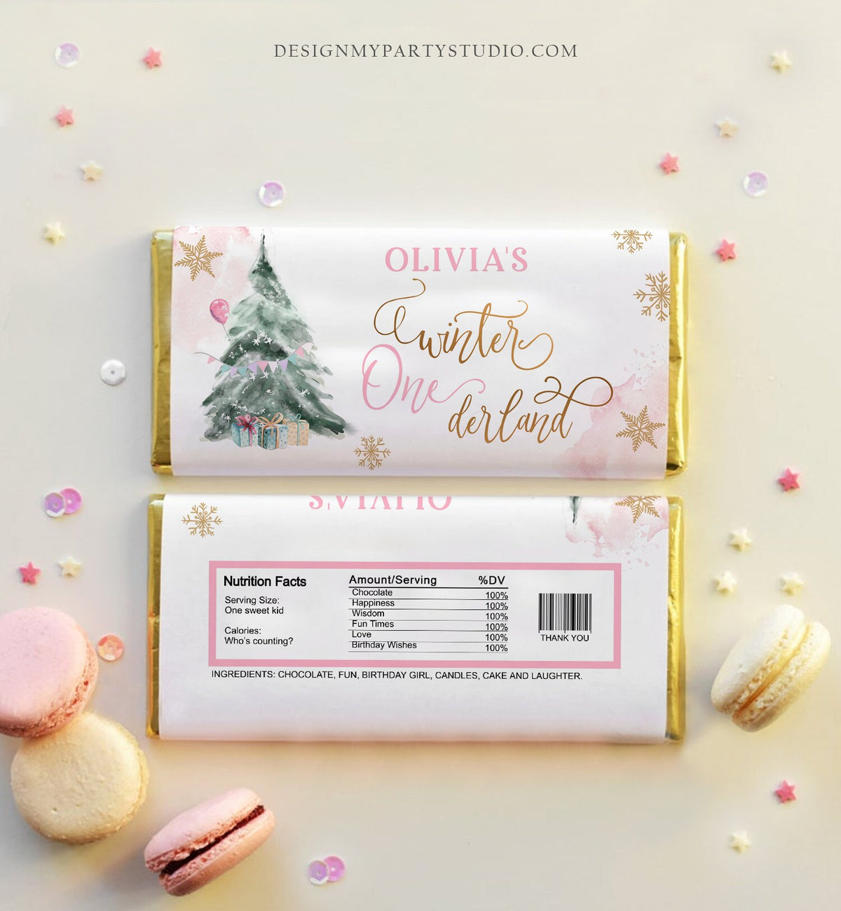 Editable Winter ONEderland Chocolate Bar Labels Candy Wrapper Girl First Birthday Christmas Tree Digital Download Template Printable 0363