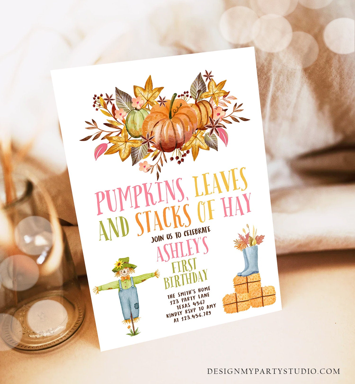 Editable Pumpkin Birthday Invitation Fall Harvest Girl Pink Autumn 1st Birthday Pumpkin Party Fall Digital Download Template Printable 0488