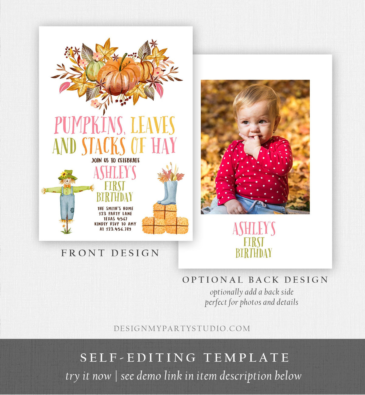 Editable Pumpkin Birthday Invitation Fall Harvest Girl Pink Autumn 1st Birthday Pumpkin Party Fall Digital Download Template Printable 0488