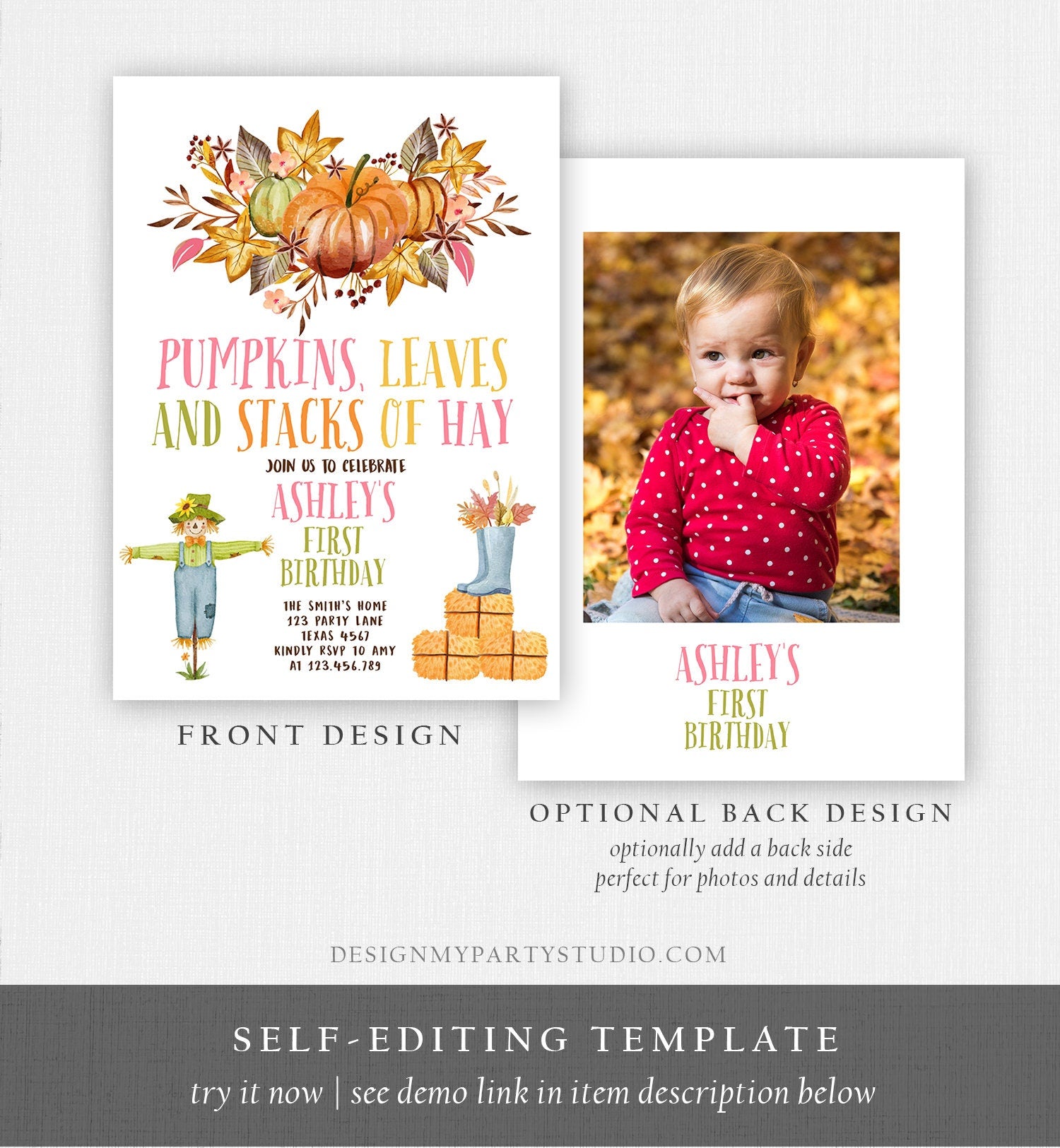 Editable Pumpkin Birthday Invitation Fall Harvest Girl Pink Autumn 1st Birthday Pumpkin Party Fall Digital Download Template Printable 0488