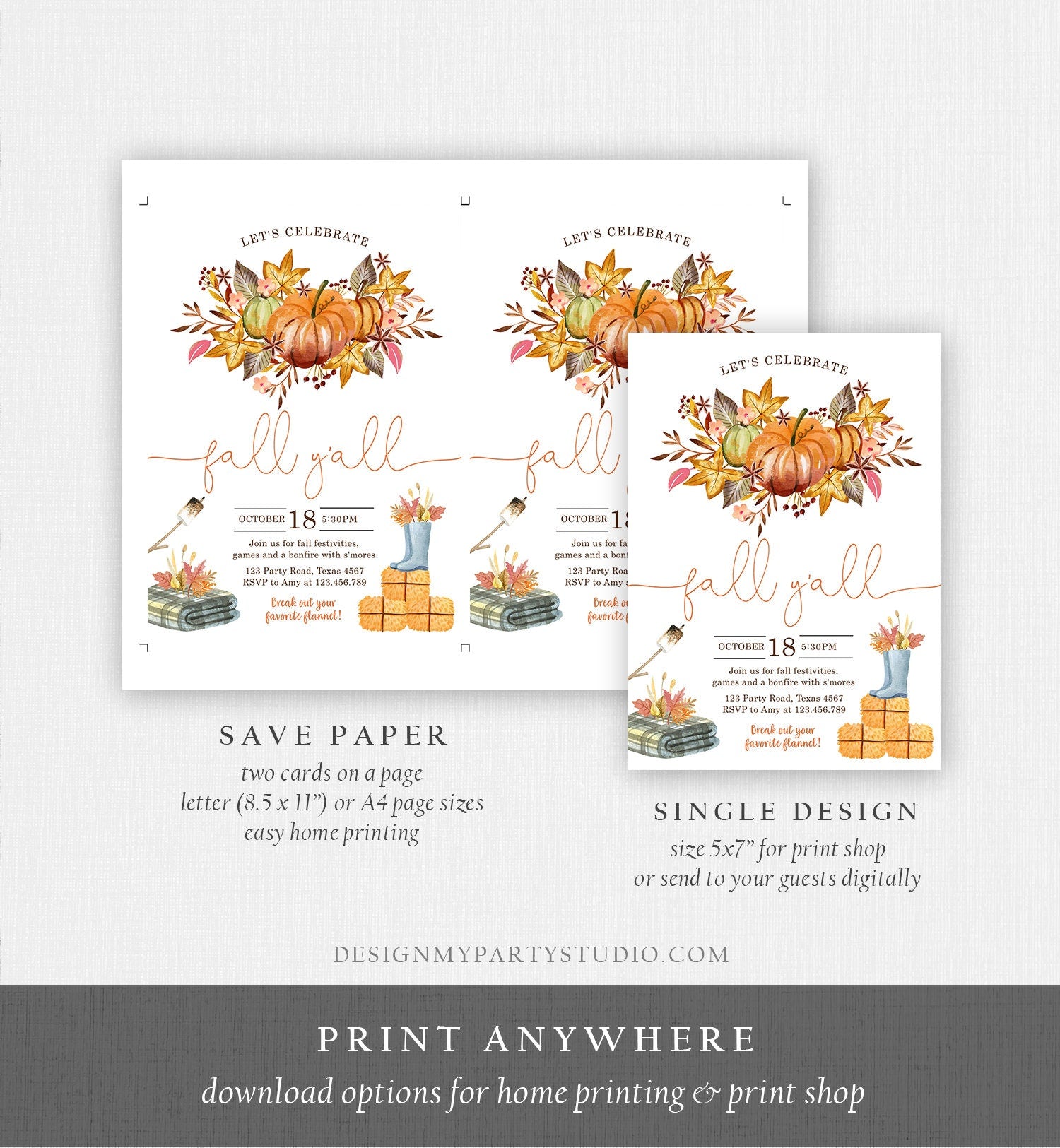 Editable Fall Y'all Party Invitation Fall Festival Party Backyard Bonfire Neighborhood All Things Fall Harvest Fall Fest Template Corjl 0488