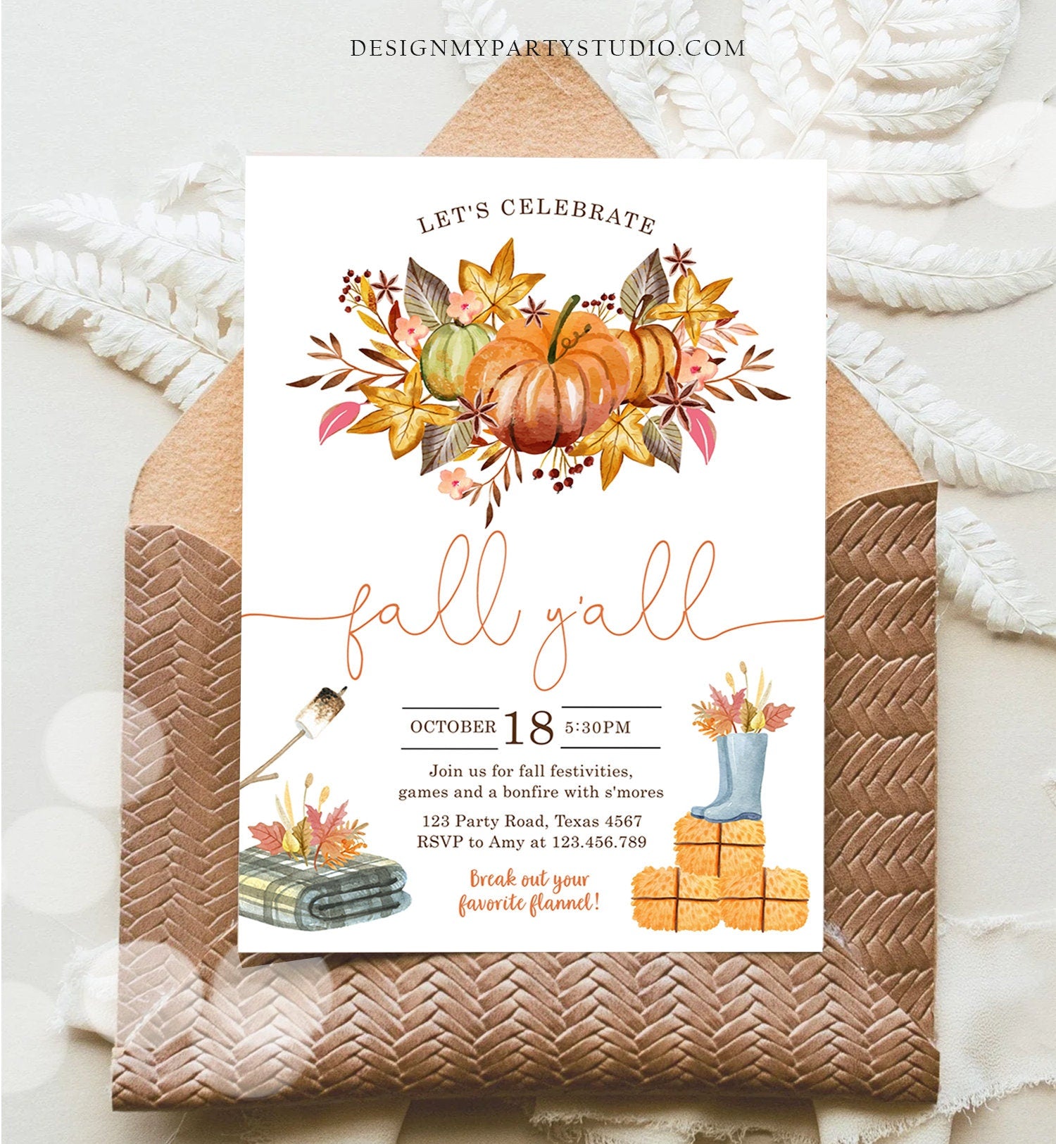 Editable Fall Y'all Party Invitation Fall Festival Party Backyard Bonfire Neighborhood All Things Fall Harvest Fall Fest Template Corjl 0488